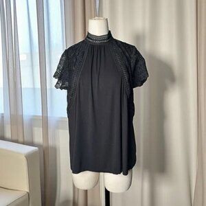 Cable & Gauge Women’s Short Sleeve Mock Neck Black Lace Detail Blouse
